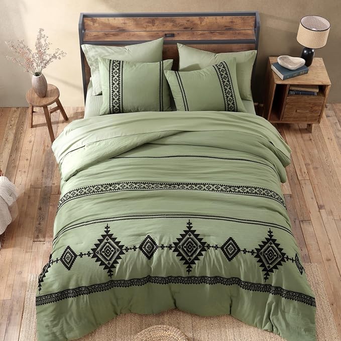 MaiRêve Embroidery Comforter Sets Full Size, Light Olive Green Western Boho Bedding Set 7 Pieces, Farmhouse All Season Bed in A Bag Comforter Set with Sheets, Pillowcases & Shams