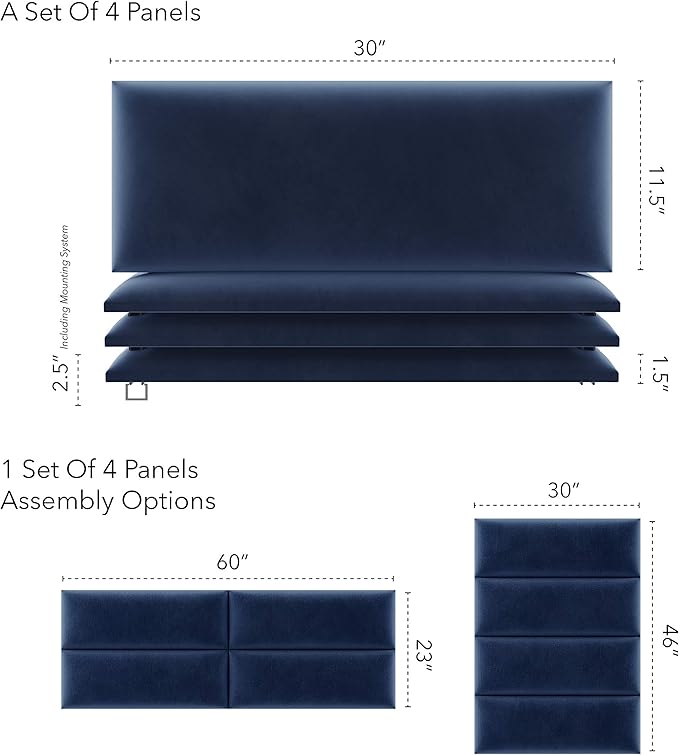 Vänt Upholstered Wall Panels - Queen/Full Size Wall Mounted Velvet Headboards - Velvet Navy - Set of 4 Panels (Each Individual Panel 30"x11.5")