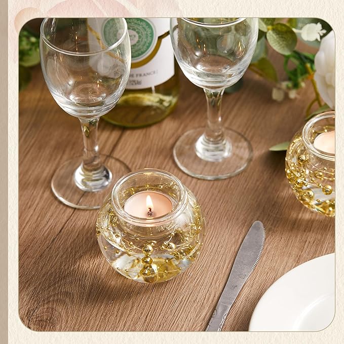 16 Pcs Glass Clear Votive Floating Candle Holders with 8 Pcs Bright Pearl String Beads, Tealight Bowl Candle Holder Bulk for Wedding Centerpiece Home Bridal Shower Party Decor (Gold)