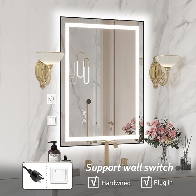 20"x 28" LED Bathroom Mirror with Black Frame, Bathroom Mirror with Lights Front and Backlit, Lighted Mirror Stepless Dimmable, Anti-Fog, Memory, LED Vanity Mirror with Lights 3 Colors