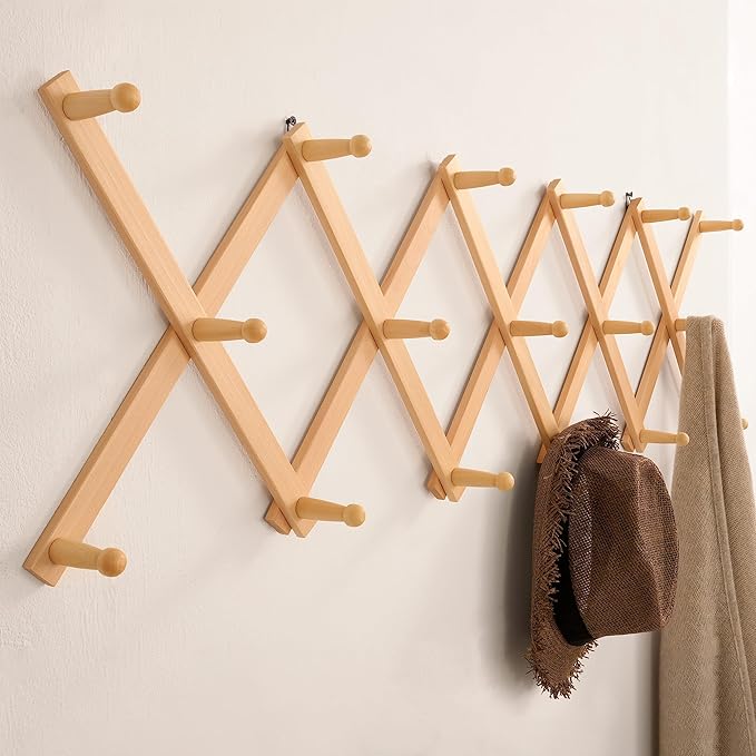 SKOLOO Hat Rack for Wall with 17 Hooks, Solid Wooden, Modern, Expandable Coat Rack Wall Mount for Coats, Hats, Bags, Baseball Caps, Natural Color