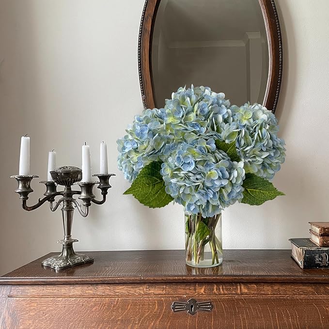 YalzoneMet 4Pcs Light Blue-Green Real Touch Hydrangea Artificial Flowers 21'' Faux Latex Hydrangea Flowers for Wedding Table Centerpieces Fake Flowers for Party Home Kitchen Living Room Decor