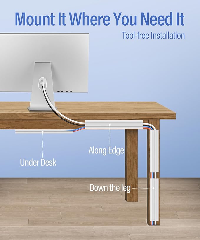 6 Pack Cable Management Under Desk, Open J Channel Raceway, Cord Organizer Tray for Desk, No-Drill Cable Hider for Desk & Wall, Wire Management Kit, Flame-Retardant PVC, 94.5" Total, White