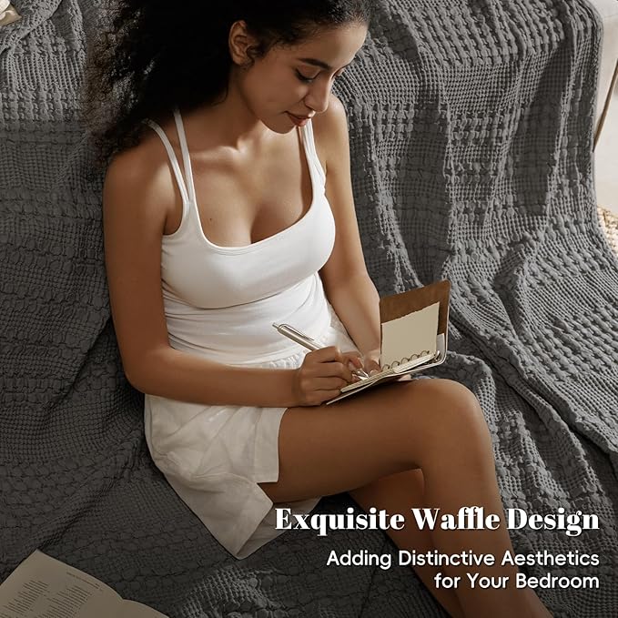 PHF 100% Cotton Waffle Weave Blanket King Size for Bed, Soft Lightweight & Breathable, All-Season Comfort, Luxury Aesthetic Woven Bedding for Home Decor, 108"x90", Charcoal Grey