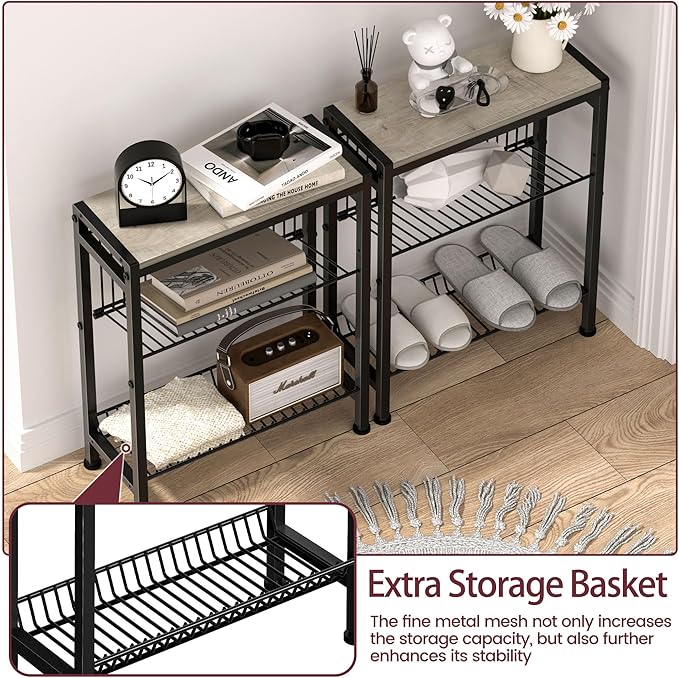 Narrow Side Table for Small Space, 3-Tier End Table with Magazine Holder, Slim Nightstand with Wire Shelf, Skinny Bedside Table in Living Room, Bedroom, Study, Kitchen and Balcony(Greige)