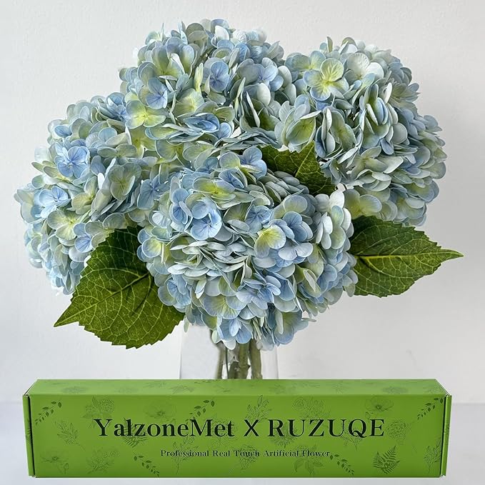 YalzoneMet 4Pcs Light Blue-Green Real Touch Hydrangea Artificial Flowers 21'' Faux Latex Hydrangea Flowers for Wedding Table Centerpieces Fake Flowers for Party Home Kitchen Living Room Decor