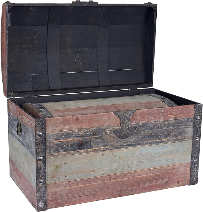 Household Essentials Wooden Storage Trunk Set, Large and Small Domed Chest, Weathered Wood with Paint Finish, Hinged Lid with Metal Accents