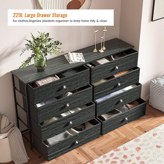 Furnulem Wide Dresser with 8 Fabric Drawers, TV Entertainment Center with Storage for 55'' TV, Large Chest of Drawers for Bedroom, Living Room, Dorm, Closet, Entryway, Wood Top (Black Oak)