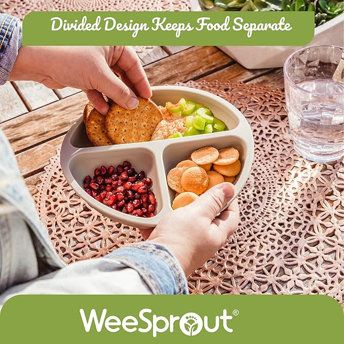 WeeSprout Silicone Plates with Lids for Babies & Toddlers (3 Pack) 100% Food-Grade Dishes for Self Feeding, Divided Design & Raised Edges for Picky Eaters, Dishwasher & Microwave Safe Weaning Supplies