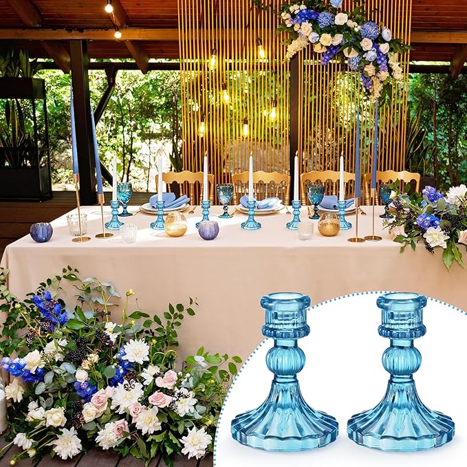 Suclain 24 Pcs Glass Taper Candle Holder Sets 12 Candlestick Holder with 12 White Long Candles for Wedding Party Decor Dinner Decoration(Blue)