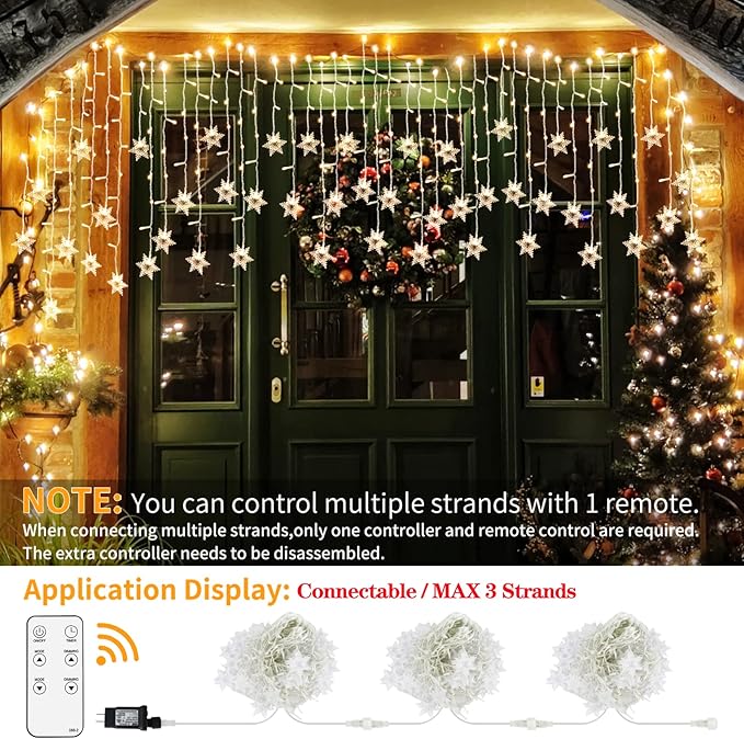 Christmas Snowflake Icicle Lights - Connectable 40ft 360 LEDs Multicolor/Warm White 20 Color Changing Waterproof Outdoor LED Christmas Lights With RF Control for House Curtain, Eaves, Xmas Decorations