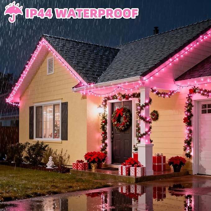 66Ft 200LED Pink Christmas Tree Lights Plug in,8 Modes Connectable Pink String Light Indoor Outdoor for Christmas Tree Bedroom Garden Decor (Clear Wire)