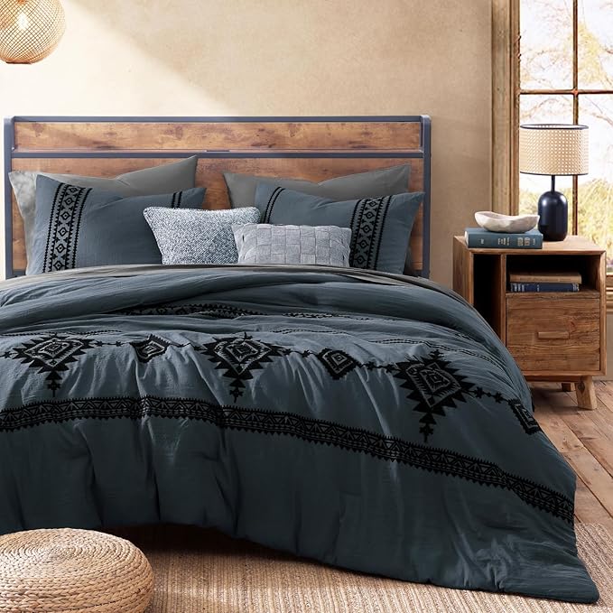 MaiRêve Embroidery Full Size Comforter Set Blue Grey, Farmhouse Western Boho Bedding Set 7 Pieces, All Season Bed in A Bag Comforter Set with Sheets, Pillowcases & Shams