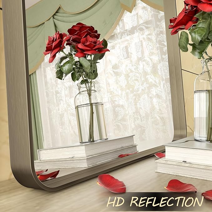 24x32 Bronze Bathroom Mirror, Rounded Rectangle Bronze Frame Mirror, Brushed Bronze Bathroom Vanity Mirror Wall-Mounted, Anti-Rust, Hangs Horizontally or Vertically