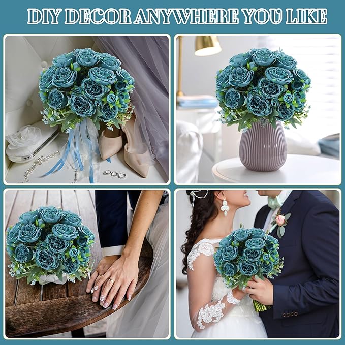 Geosar 16 Bundles Artificial Peonies Flowers Fake Silk Peony Bouquet Faux Peonies Flowers Bulk for Decoration Vase Floral Arrangements Wedding Party Table (Teal)