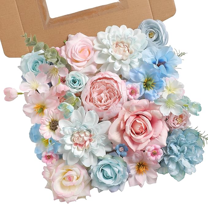 Artificial Flowers Combo Box Set Silk Flowers Fake Rose for DIY Floral Arrangements Wedding Bouquets Centerpieces Baby Shower Party Home Decorations (Blue Pink)