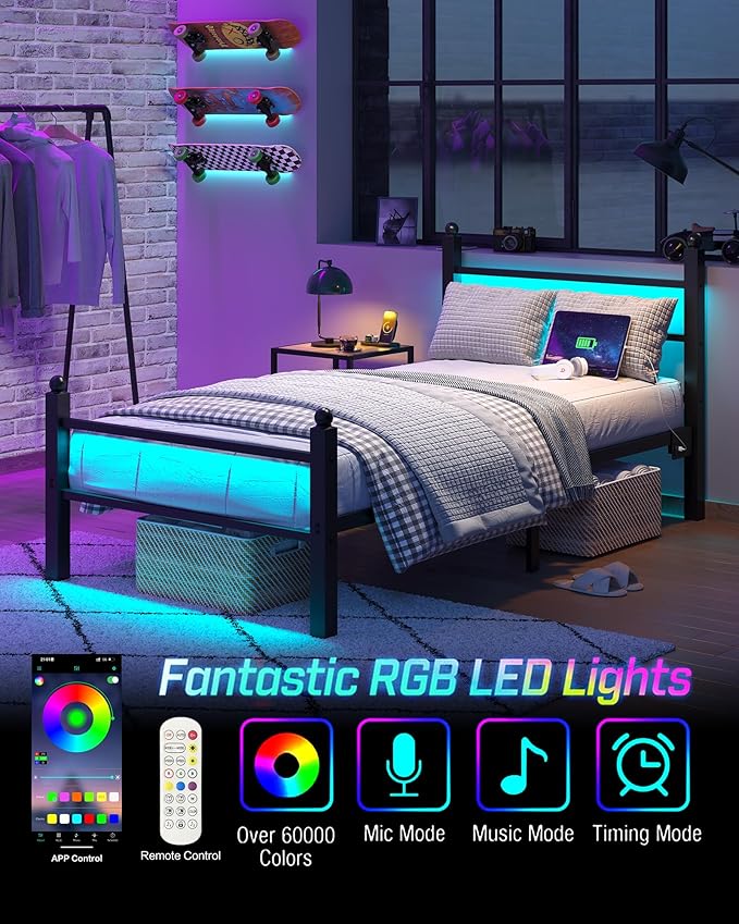 Twin Bed Frame with Headboard and Footboard, Metal Bed Frame with Charging Station and LED Lights, Under Bed Storage, No Box Spring Needed,Noise Free, Black