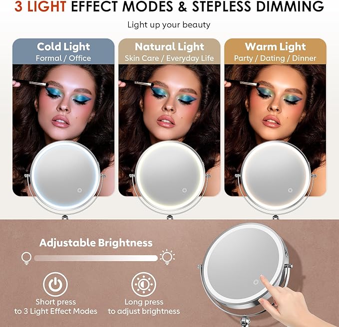 9" Wall Mounted Lighted Makeup Mirror,4000mAh Rechargeable Double Sided 1X/30X Magnifying Mirror with Light,Touch Dimmable,Extended Arm 360 Rotation Wall Mounted Makeup Mirror 3 Color Lights-C