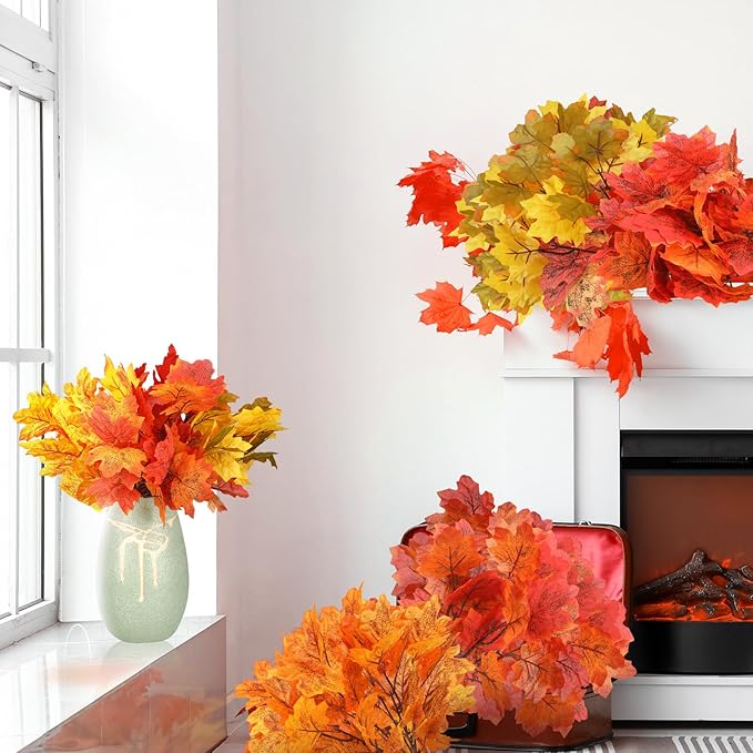 Tigeen 8 pcs Artificial Maple Leaves Branches Faux Thanksgiving Fall Fake Autumn Leaves for Thanksgiving Table Centerpieces Decoration