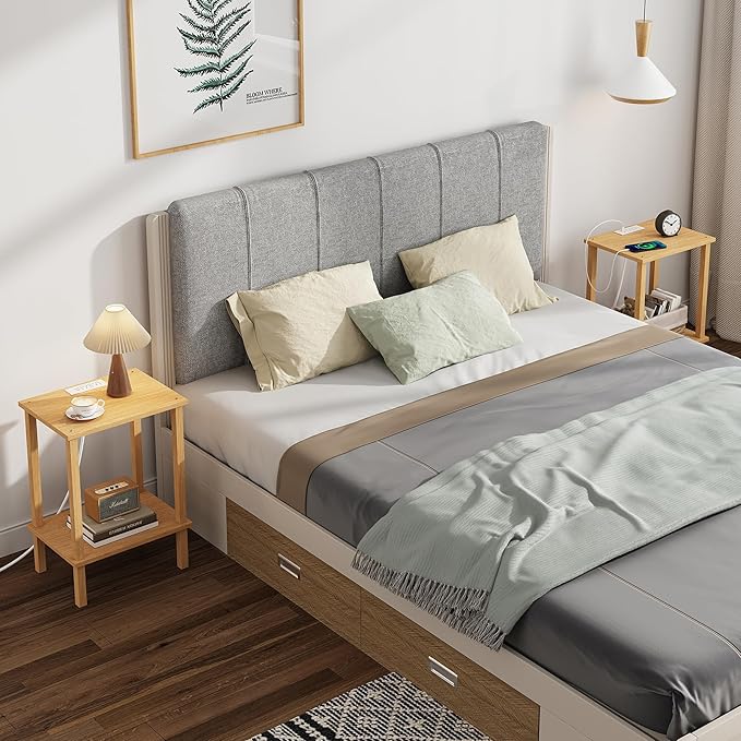 TUTOTAK End Table with Charging Station, Small Side Table with Outlets, Nightstand Bedside Table, 2-Tier Storage Shelf for Small Space, Living Room, Bedroom, Natural TB01BN040