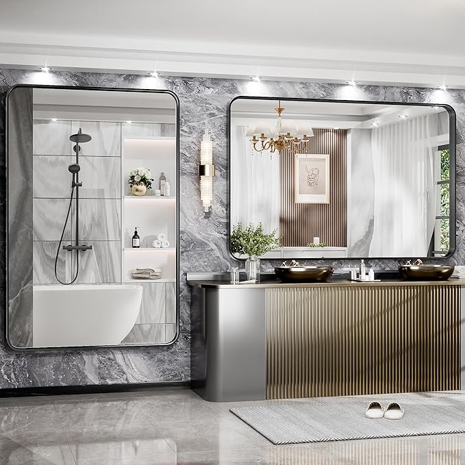 Hasipu Black Bathroom Wall-Mounted Mirror 59x39 Inch Rounded Rectangle Vanity Mirror Metal Framed Wall Mirrors Anti-Rust Surface Mount (Hangs Horizontal or Vertical)