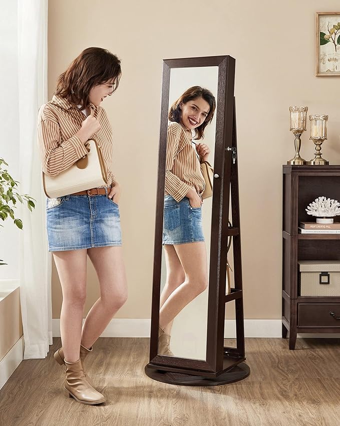 SONGMICS 360° Swivel Jewelry Cabinet, Lockable Jewelry Organizer with Full-Length Mirror, Rear Storage Shelves, Interior Mirror, Jewelry Armoire, Christmas Gifts for Women, Gift Idea, Brown UJJC006R01