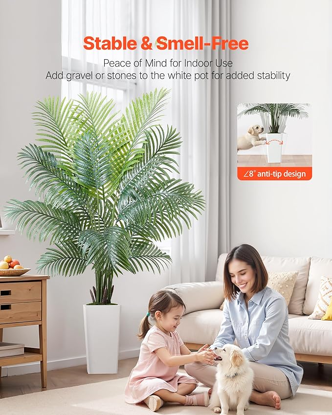VEVOR Artificial Areca Palm Tree 6 ft, Fake Palm Tropical Plants with White Tall Planter, Faux Floor Silk Plant in Pot, Large Trees for Home Office Living Room Decor House Warming, Indoor Outdoor