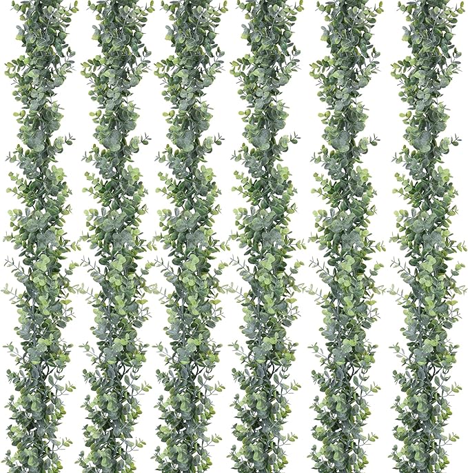 DearHouse 6 Pack Faux Eucalyptus Garland Plant, Artificial Vines Hanging Eucalyptus Leaves Greenery Garland for Wedding Backdrop Arch Wall Decor, 5.9 Feet/pcs UV Protected Indoor Outdoor