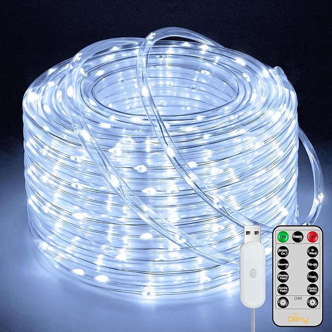 Ollny 100 LED Remote Control Rope Lights, 33FT USB Power Cool White String Lights, 8 Modes IP68 Waterproof Timer Fairy Lights for Bedroom Indoor Party Wedding Decor