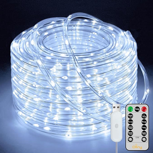 Ollny 100 LED Remote Control Rope Lights, 33FT USB Power Cool White String Lights, 8 Modes IP68 Waterproof Timer Fairy Lights for Bedroom Indoor Party Wedding Decor