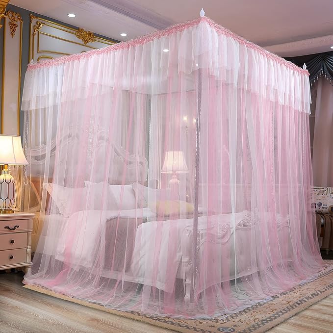 Joyreap Luxury 4 Corners Post Canopy Bed Curtains - Pink & White Cozy Drape Netting - Cute Princess Bedroom Decoration Accessories (47" W x 78" L, Twin)