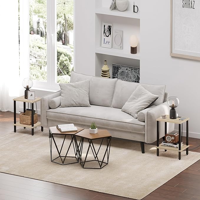 TUTOTAK End Table with Charging Station, Small Side Table with Outlets, Nightstand Bedside Table, 2-Tier Storage Shelf for Small Space, Living Room, Bedroom, Oak TB01BO040