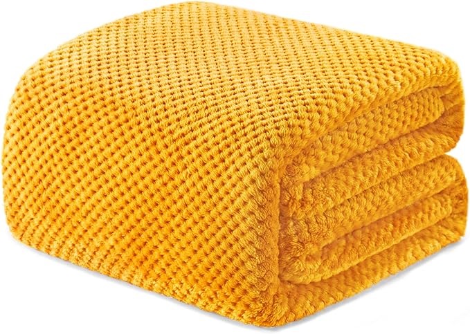 Exclusivo Mezcla Fleece Bed Blanket Queen Size, Super Soft and Warm Blankets for Couch, Sofa and Bed Waffle Textured, Cozy, Fuzzy and Lightweight (Mustard Yellow, 90x90 Inches)