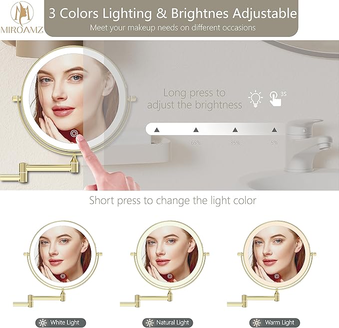 Rechargeable Wall Mounted Lighted Makeup Vanity Mirror 8 Inch Double Sided 1X 10X Magnifying Bathroom Mirror, 3 Color Lighting, Touch Screen Dimming, 360 Rotation Shaving Mirror Gold