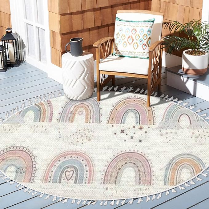 Round Boho Rug Scandinavian Cartoon Rainbows with Clouds Flowers and Stars in Pastel Area Linen Carpet Patio Hallway Runner Mat Pad Minimalist Home Decor for Living Room Outdoor, 3 ft