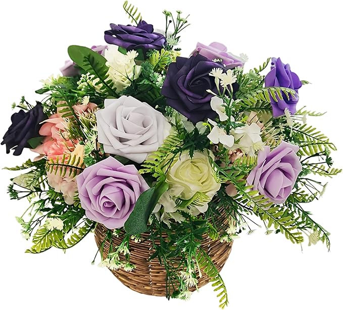 Artificial Fake Flowers 25pcs Roses, Shade of Purple Foam Rose Faux Flower for DIY Wedding Bouquets Bridal Shower Centerpieces Floral Arrangements Party Tables Home Decorations