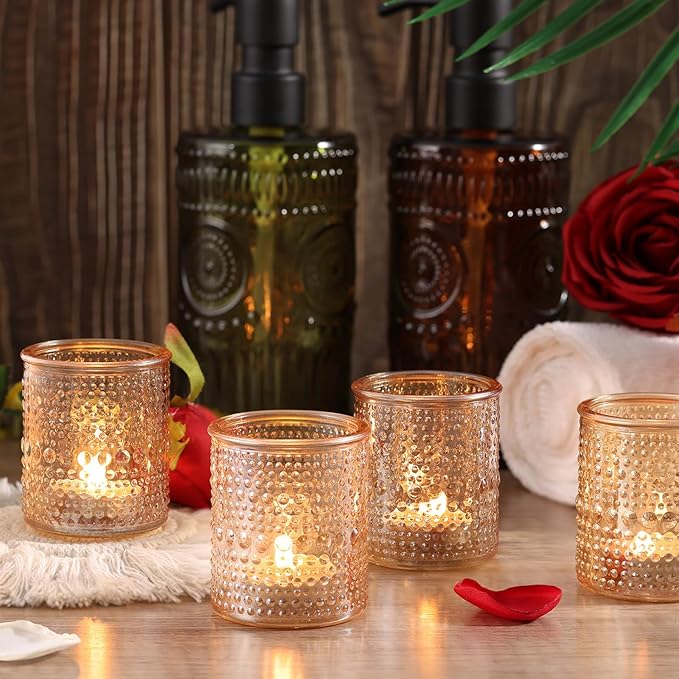 15Pcs Glass Votive Candle Holders, Gold Tea Light Candle Holders Vintage Fall Tealight Candle Holder Bulk for Autumn, Thanksgiving Table Centerpieces, Christmas Decor (Gold)