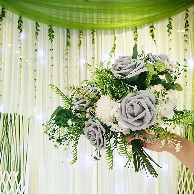 Grey Roses Artificial Flowers 25 PCS, Fake Rose Flower Heads Flowers with Stem for DIY Bouquets Wedding Decorations Centerpieces Arrangements Party Home Decor