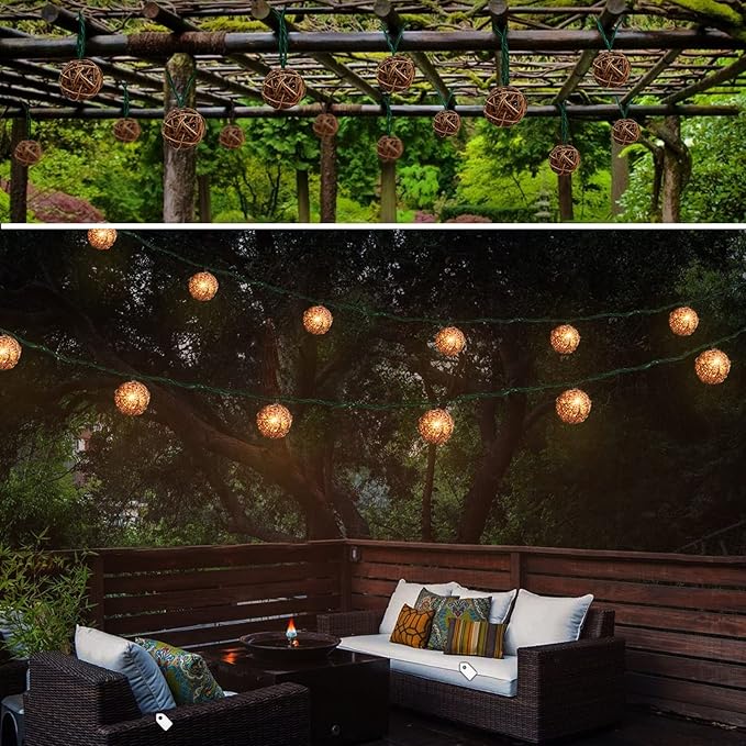 LIDORE Rattan Christmas String Lights, Mini Globe Wicker Lights for Patio, Wedding, Garden and Party, Brown Rattan and Green Cord, 7.92Ft Indoor/Outdoor