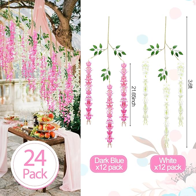 Giegxin 24 Pcs Artificial Wisteria Hanging Flowers 3.6 ft Artificial Fake Wisteria Vine Rattan Hanging Garland Silk Flowers String for Wall Home Wedding Party Greenery Decorations (Dark Pink,White)