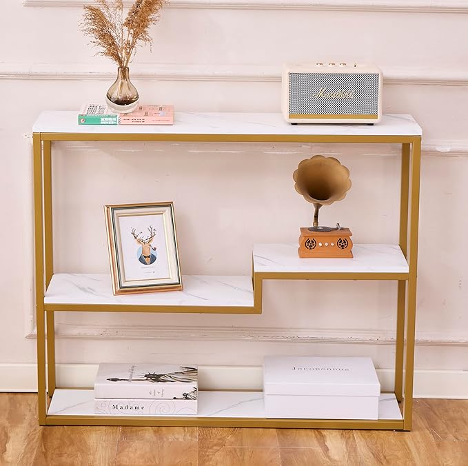 loglus Console Table for Entryway, Faux Marble MDF Sofa Table with Golden Frame (Multilayer, White Marble)