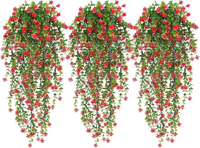 RECUTMS Artificial Hanging Plants Fake Hanging Vine Flowers Fake Plants Faux Hanging Plants Outdoor Faux Eucalyptus Leaf Greenery Wall Indoor Room Wall Wedding Patio Porch Decor(Red)