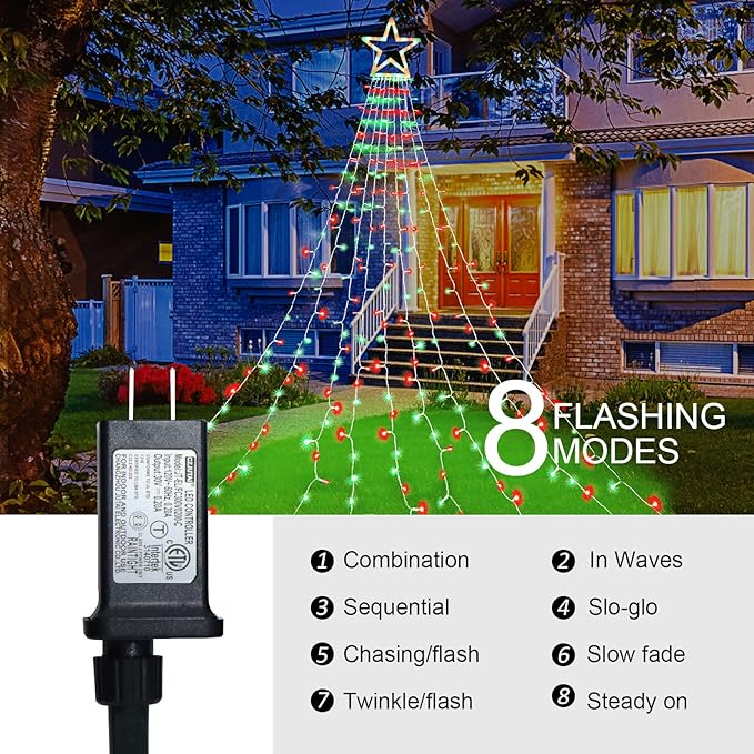 FUNIAO Christmas Decoration Lights - 320 LED Star String Lights Tree Topper with 12" Star for Yard, Garden, Wedding, Party - Red & Green