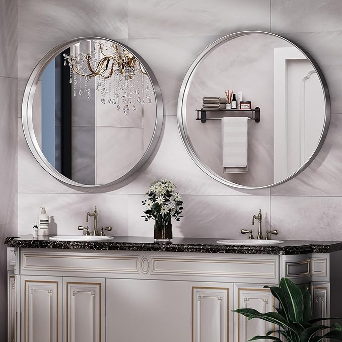 Hasipu Round Silver Mirror 38 Inch Large Round Bathroom Mirror Metal Frame, Wall Mounted Circle Vanity Mirror for Wall Modern Decor (Hangs Horizontal or Vertical)