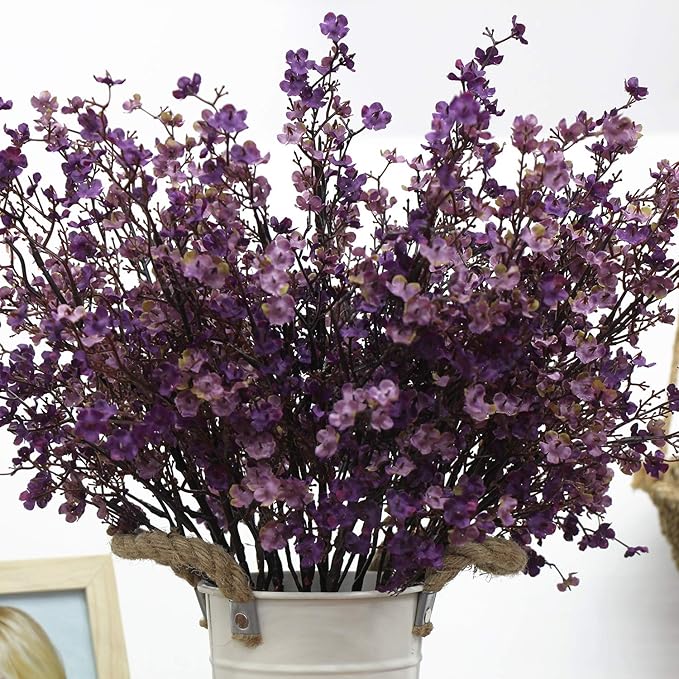 JAKY-Global Babys Breath Fabric Cloth Artificial Flowers 6 Bundle European Fake Silk Plants Decor Farmhouse Wedding Party Decoration Bouquets Real Touch DIY Home Garden (Autumn Purple-6pcs)