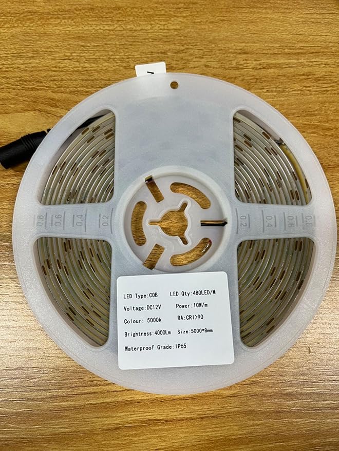 TOPAI 12V COB LED Strip Light Daylight White 5000K Waterproof IP65 480LEDs/M Super Bright 4000Lm CRI>90 16.4ft/5M Dotless High Density Cuttable Flexible for Cabinet Home DIY Lighting Projects