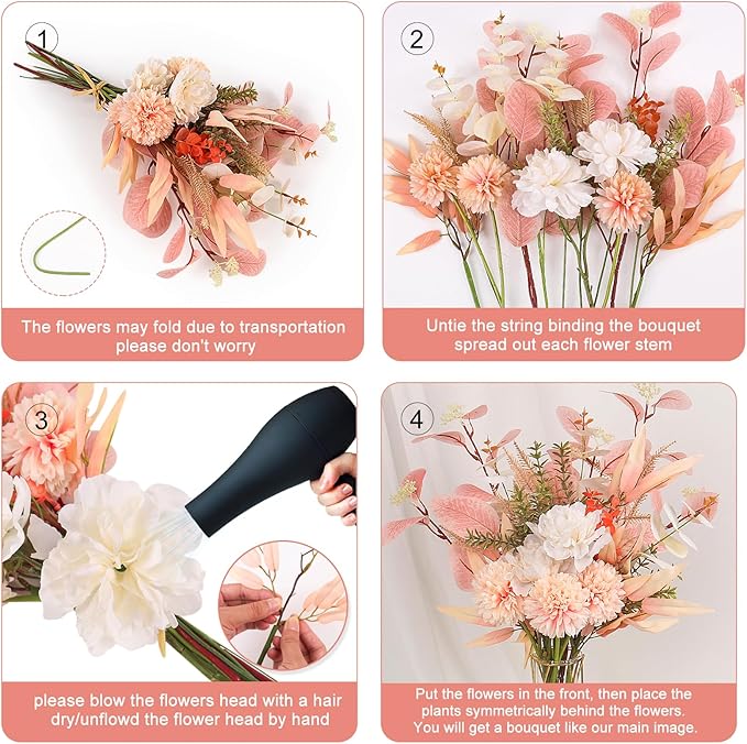 Fake Artificial Flowers Bouquet for Decoration, Silk Flower Arrangements Faux Flowers Plant Wedding Bride Bouquets Tables Centerpieces for Rustic Home Decor Indoor Vase Floral Table Decor (Champagne)