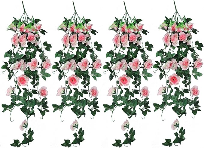 RECUTMS 4PCS Artificial Rose Hanging Flower 32 in Fake Garland for Home Room Garden Wedding Indoor Outdoor Decoration (Champagne)