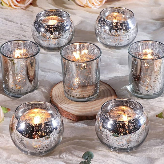 DEVI Silver Votive Tealight Candle Holders 24PCS, Mercury Glass Candle Holders for Table Centerpieces, Tea Party Wedding Table Decor