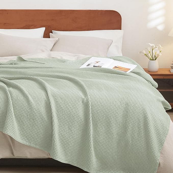 PHF 100% Cotton Waffle Weave Blanket Queen Size for Bed,Snag Proof Lightweight Breathable Moisture-Wicking Throw for Couch,Great for Layering in Cold Weather,Machine Washable, Home Decor-Sage Green